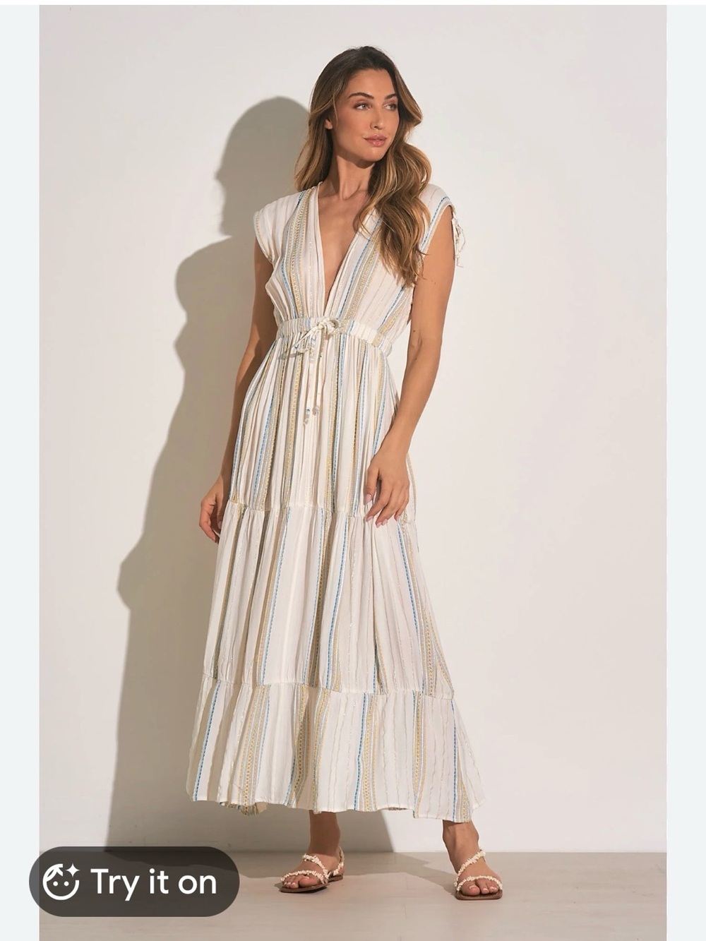 Elan Cream Maxi Dress with Blue and Tan Stripes Size Small